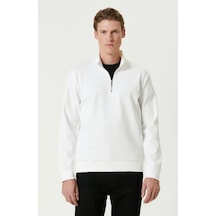 Erkek 3 İplik Pamuklu Uzun Kol Yarım Farmuarlı Yakalı Sweatshirt - - Beyaz