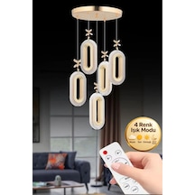 Eclipse Model 5'li Kumandalı Gold 3 Renk Ledli Kristal Taşlı Modern Salon Mutfak Oturma Odası Led Avize Altın