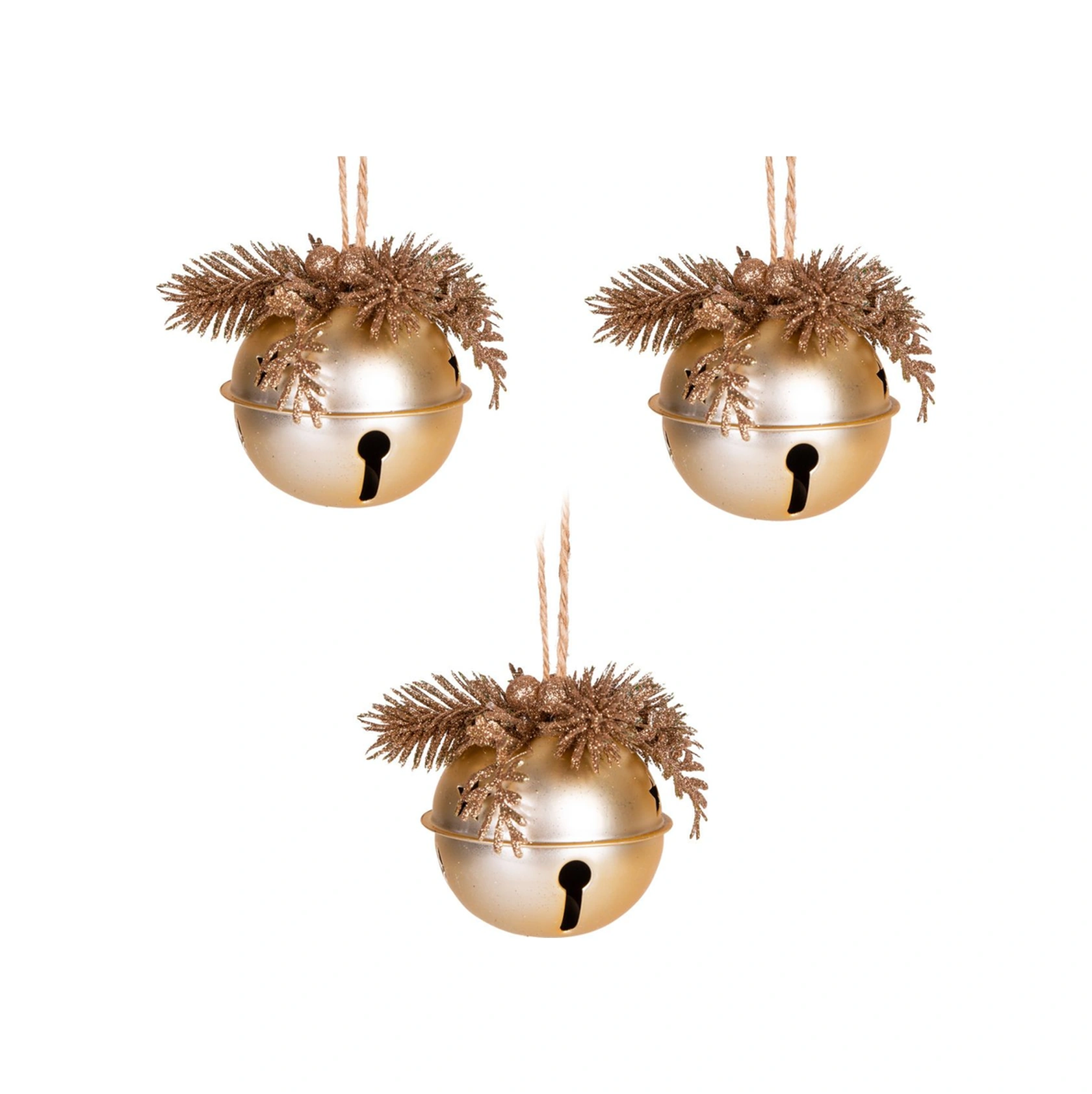 Yılbaşı Ağaç Süsü Çıngıraklı Yılbaşı Topu 3lü Set Simli Berry Süslü Gold 8cm