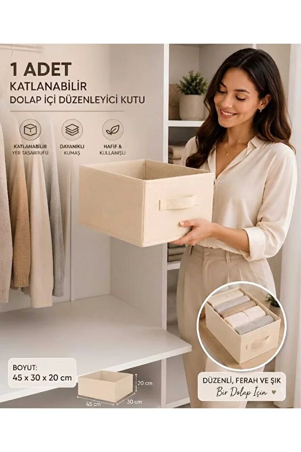 1 Adet Krem Kumaş Katlanabilir Dolap İçi Düzenleyici Kutu 45x30x20 Cm Kıyafet Ve Giysi Organizer Saklama Kutusu Bej