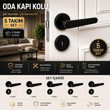 5 Takım Set Kayı Mat Siyah Rozetli Oda Kapı Kolu Sağa Sola Uyumlu Modern Kapı Takımı Kolları
