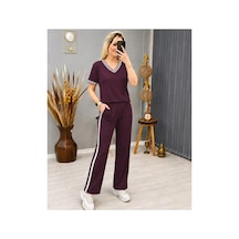 Butik İstanbul Kadın Kısa Kollu V Yakalı Viskon Iki Iplik Bluz Ve Pantolon Ikili Takım Bordo