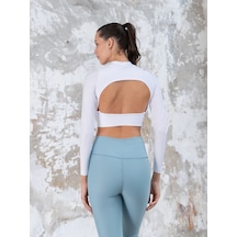 Lismina Yarım Balıkçı Yakalı Sırtı Açık Uzun Kollu Spor Crop Tişört Beyaz