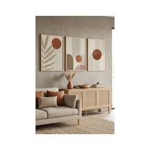Doğal Ahşap Çerçeveli Boho Soyut Duvar Tablosu 3 Lü Set Geometrik Terracotta Ahşap
