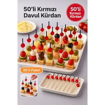 50 Li Kırmızı Yuvarlak Davul Kürdan 12 Cm Parti, Sunum, Kanape, Kokteyl Ve Peynir Tabağı İçin Dekoratif Kürdan
