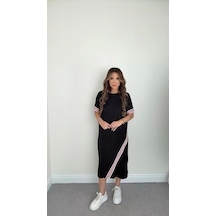 Defymoda Kadın Kol Ve Etek Şerit Detaylı Midi Boy Elbise Siyah