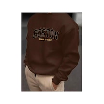 Medinenur Boston Yazı Baskılı Bisiklet Yaka Sweatshırt Kahverengi