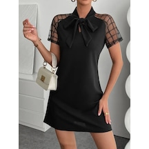 Kadın Kısa Kollu Boyundan Bağlamalı Omuzlarda Tül Detaylı Janjan Krep Elbise Siyah