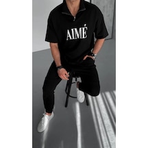 Modi Green Unisex Günlük Stil Yarım Fermuar Detaylı Siyah Dik Yaka Pamuklu T