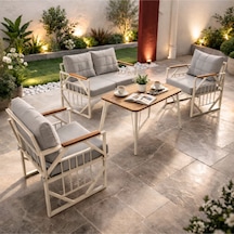 Violet Krem 2+1+1 Masalı Gri Bahçe Oturma Grubu Minderli Metal Ahşap Detaylı Balkon Teras Takımı Açık-gri