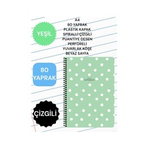 A4 80 Yaprak Plastik Kapak Spiralli Çizgili Puantiye Desen Perforeli Yuvarlak Köşe Beyaz Sayfa Yeşil
