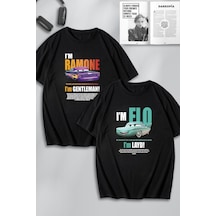 Unisex Kadın Erkek Ramone,flo Layd Ve Gentleman Baskılı Sevgili Çift Kombini Tasarım Oversize Tshirt Siyah Mck0505 Siyah