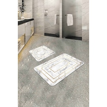 Beyaz Mermer Desen Banyo Halısı Klozet Paspas Seti Bs343n11 Kırık Beyaz