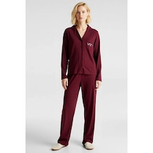 Benerly Kadın Gömlek Yaka Standart Kol Regular Kalıp Pijama Takımı Fonksi bordo