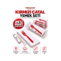 Lüks Kırmızı Çatal Yemek Seti 25 Kişilik 33 33 Cm Garson Katlamalı Peçete, Poşetli Kürdan Ve Stick Tuz