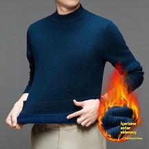 Edwardest 2025 Yeni Kış Erkek Artı Kadife Kalınlaştırılmış Yarım Balıkçı Yaka Kazak Slim Fit Açık Mavi