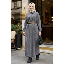 Hb Harma Time Butik Kadın Kemerli Düğmeli Gri Kot Tesettür Elbise