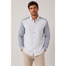 Slim Fit Uzun Kol Keten Likra Çift Desen Cepsiz Hediye Kutulu Erkek Gömlek Fs-004577 - Lacivert-3318
