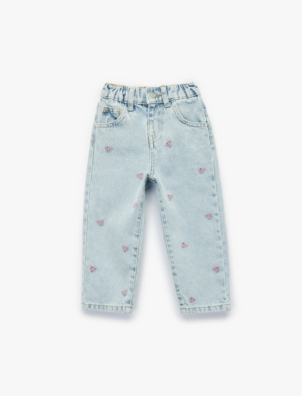 Koton Pamuklu Fiyonk Nakış Detaylı Beli Lastikli Denim Pantolon Lıght Indıgo 6wmg40013ad Açık Mavi