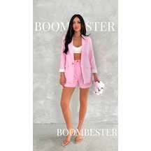 Boombester Kadın Flam Keten Astarlı Blazer Ceket Çizgili Astar Detay Rahat Kalıp İnce Ceket Pembe