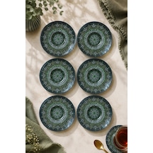 6 Lı Cam Çay Tabağı - Yeşil Mandala Desenli 12 Cm - 6 Adet Çay Tabak