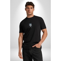Mavi Kurt Robot Siyah Oversize Unisex Ön Orta Minimal Baskılı Tişört Siyah
