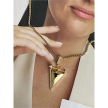 Vıp Seri - Zümrüt Taşlı Üçgen Kararmaz Çelik Kadın Gold Kolye Altın