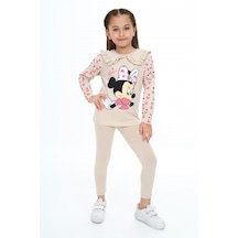 Kinderos 2025 Minnie Mouse Fırfırlı Baskılı Kız Çocuk Alt Üst Takım Kahverengi