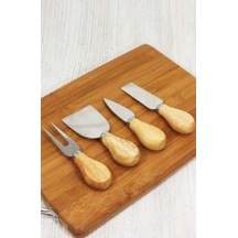 4lü Peynir Bıçak Seti Çatal Çelik Paslanmaz Dilimleme Kesici Ahşap Saplı Mini Tereyağı , Spatula