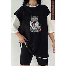 Tarzsokak Siyah Oversize Çift Renk Kedi Cat Yazı Baskılı Unisex Tshirt Beyaz