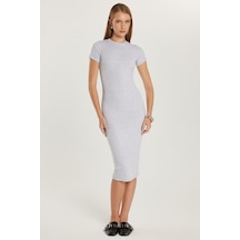 Tudors Kadın Standart Fit Bisiklet Yaka Kısa Kollu Modal Kumaş Midi Boy Gri Elbise-34647 Gri