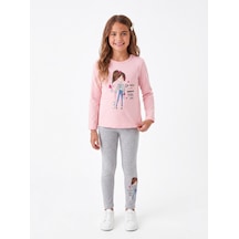 Onloox Kız Çocuk Pembe Kız Çocuk Pembe Pamuklu Bisiklet Yaka Tam Kalıp Simli Kız Baskılı Taytlı Takım 1.5-4 Yaş