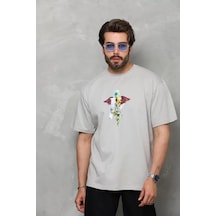 Efnaz Style Unisex Bisiklet Yaka Baskılı Oversize T-shirt - Gri