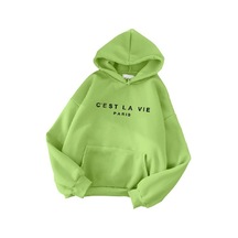 Yeşil Uzun Kollu Ön Cep İpli Polar Astar Svetşört Sonbahar Kış Mektup Baskılı Gevşek Kadın Kazak Streetwear Yeşil