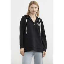 Yarım Fermuarlı Kapüşonlu Sweatshirt - Siyah Ekru