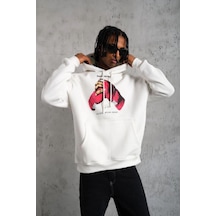 Erkek Kapüşonlu Cepli Boks Eldiven Baskılı 3 İplik Sweatshirt Hoodie - Beyaz