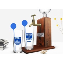 Kişiye Özel Renkli Baskılı Vodka İs Vegan Tasarımlı İkili Vodka Bardağı Ve Ahşap Vodka Standı Hediye Seti-1 Sarı