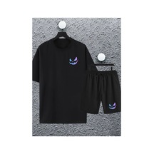 Tarzsokak Macklin Unisex Kadın Erkek Renkli Gülen Yüz Baskılı Oversize Tshirt Ve Şort Eşofman Takımı Ma Siyah