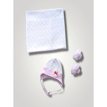 Yenidoğan Baskılı Double Face Şapka Ve Patikli 3lü Bebek Battaniye Takımı Pembe