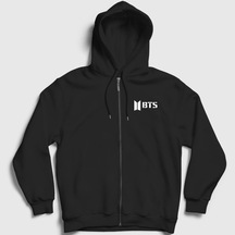 Presmono Unisex Logo Bts Fermuarlı Kapüşonlu Sweatshirt Siyah