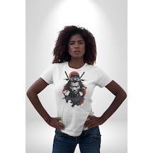 Asyalı Japon Samuray Savaşcı Unisex Unisex Beyaz Organik Baskılı T-shirt Penye Yüksek Kalite Beyaz