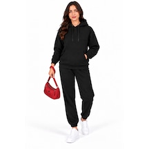 Kadın Siyah Kapüşonlu Kanguru Cepli 3 İplik Şardonlu Sweatshirt