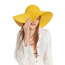 Kadın Sarı Geniş Hasır Plaj Şapkası - Std