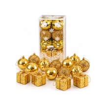 Bakgelal 16 Parça Lüks Gold Yılbaşı Ağaç Süsü Seti - 12 Adet 6 Cm Parlak / Prizmatik Top Süs & 4 Adet 6 Cm Hediye Paketi Küp Süs - 9058202780405