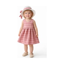 Chicsy Baby Tatlı Kız Bebek Ekose Tarz Elbise Şapkalı Fiyonk Detaylı Yazlık 2 Li Kombin Pembe