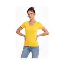 Kadın T-shirt V Yaka Slim Fit Likralı Tişört Yazlık Basic Body - Sarı