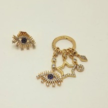 Boncuklu Charm Gold Çelik Küpe Seti Altın - Gümüş