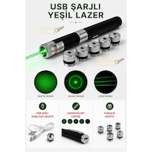 Usb Şarjlı Yeşil Lazer Pointer Kalem - 5 Farklı Desen Başlıklı, 10 Km Yüksek Menzilli Güçlü İşaretleyici Siyah