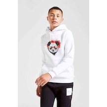 Tshirthane Gözlüklü Panda Baskılı Unisex Çocuk Kapüşonlu Beyaz Sweatshirt (528938619)