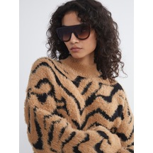 Lcw Modest Kahverengi Dik Yaka Leopar Desenli Kadın Triko Tunik